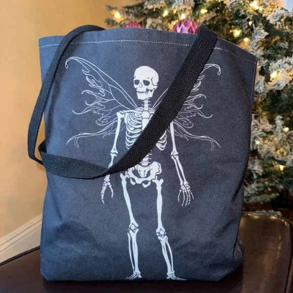 Black Canvas Tote Bag w Fairy Skeleton Whimsygoth Grunge Fairycore Aesthetic EUC - Picture 2 of 5